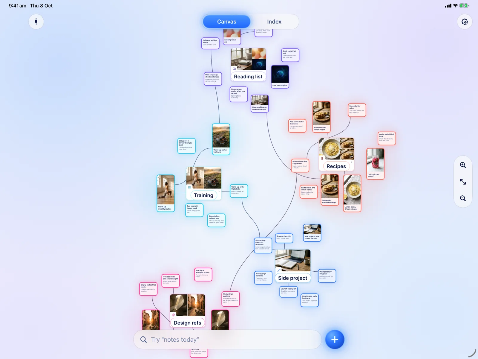 Clarity on iPad in landscape: the canvas with Training, Recipes, Reading list, Side project and Design refs spread out