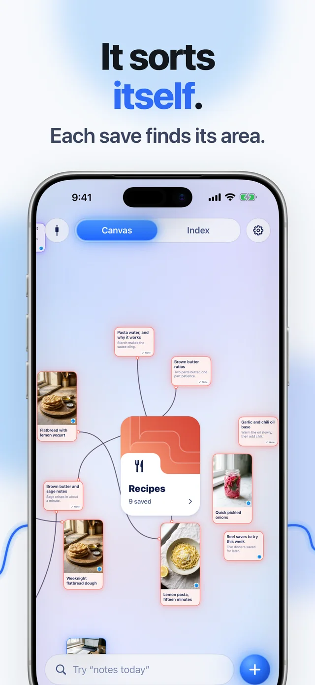 It sorts itself. Each save finds its area: the Recipes area on the canvas with its saves around it.